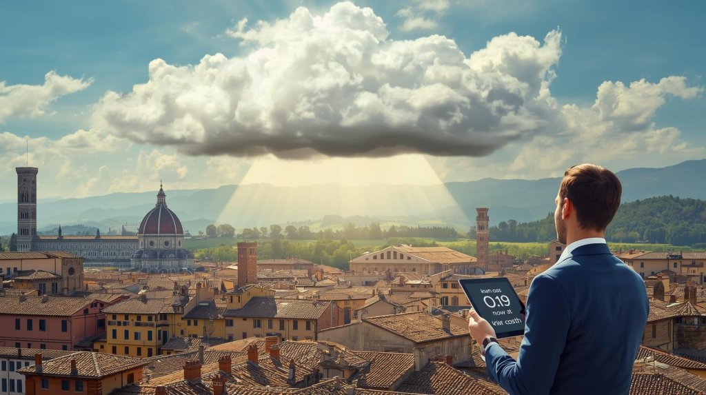 Uomo controlla i consumi energetici su tablet, sopra una città toscana irradiata dal sole tramite fotovoltaico in cloud.